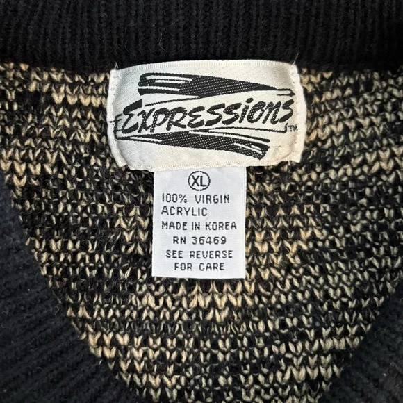 Vtg Expressions Knit Sweater Mens XL Black Gray Brown Abstract Grandpa Eclectic - Picture 3 of 8